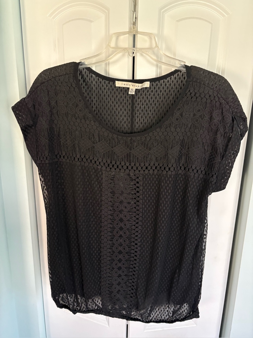 Max Studio Black Lace Mesh Front Short Sleeve Blouse